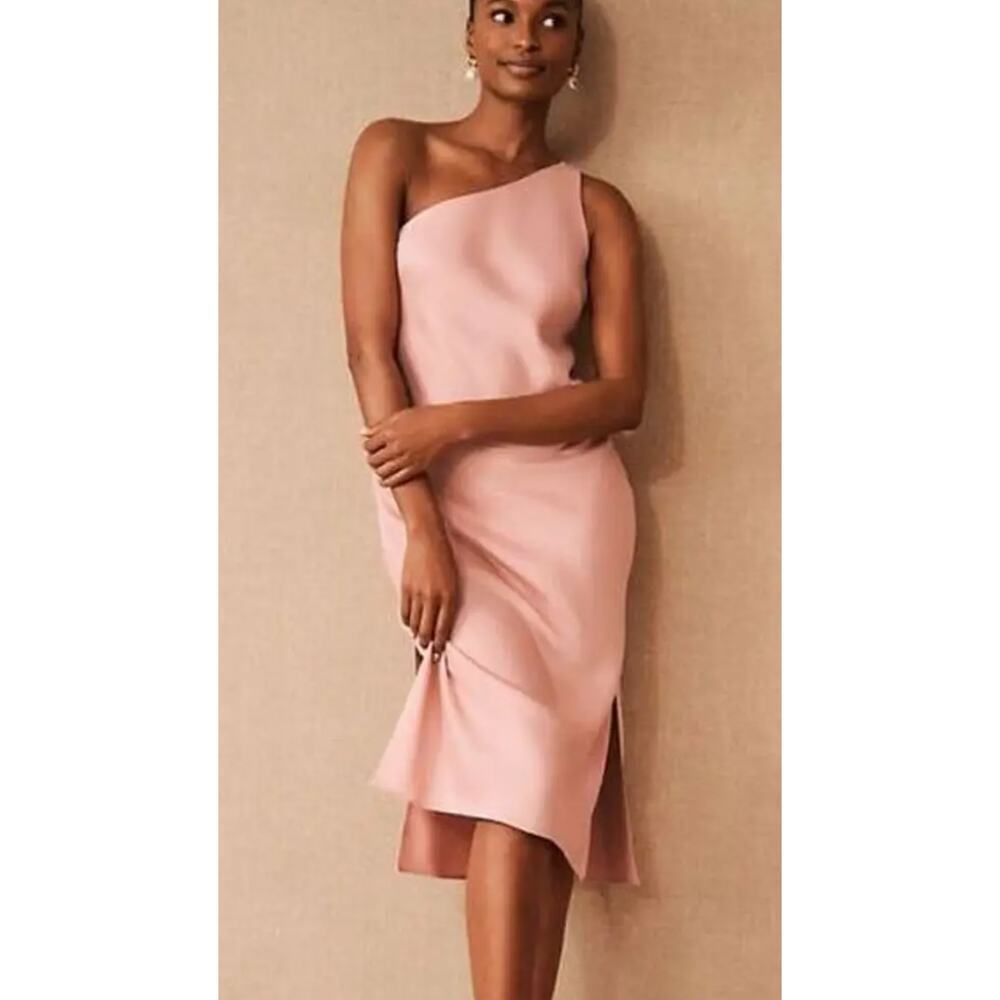 BHLDN Anthropologie Audrie Satin One Shoulder Pink Midi Dress US 4 New